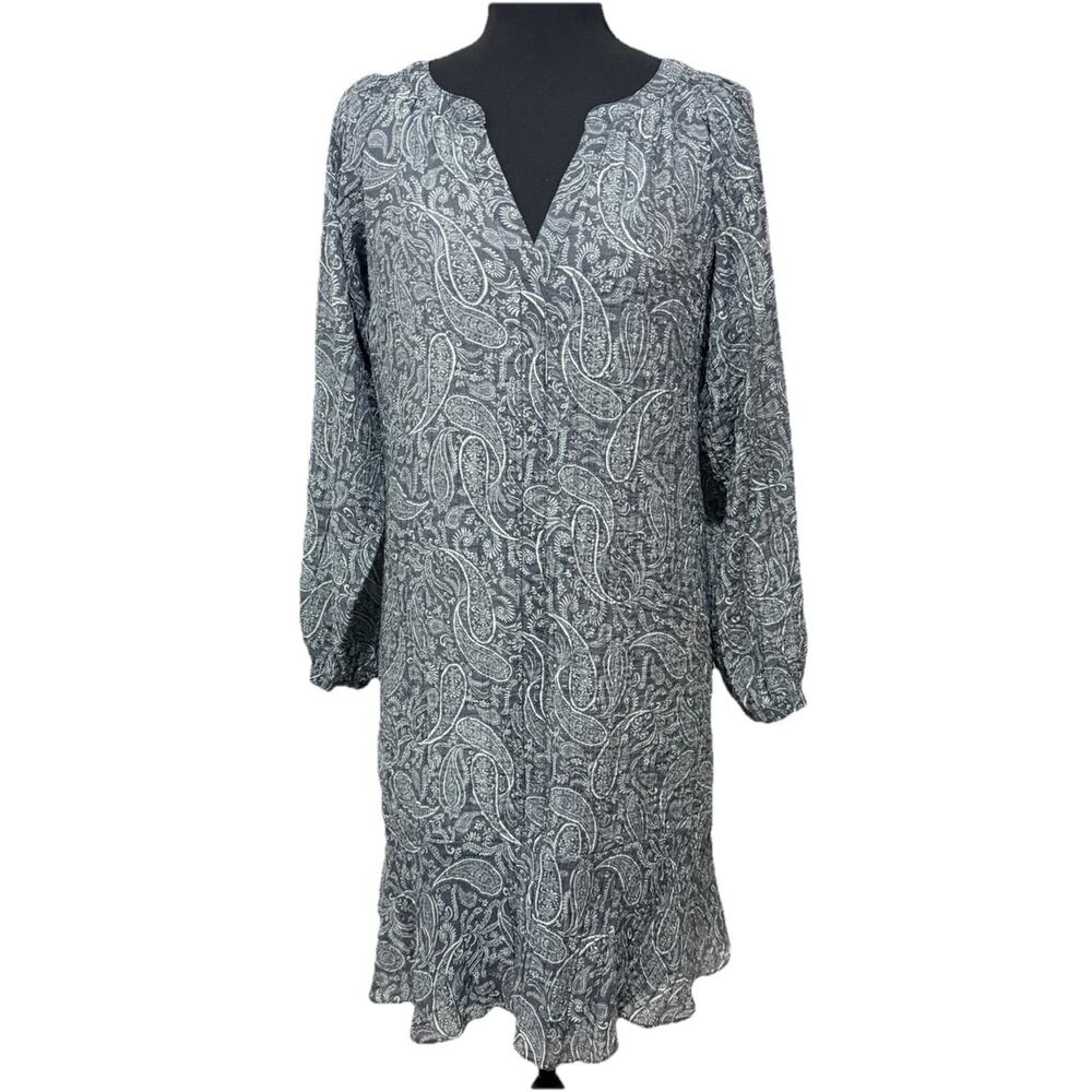 LOFT Petite Paisley Shift Dress Gray White Textured Boho Peasant SP